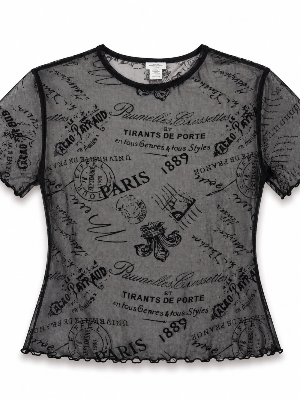 Zara Black Sheer Paris Script Short Sleeve Mesh Tee